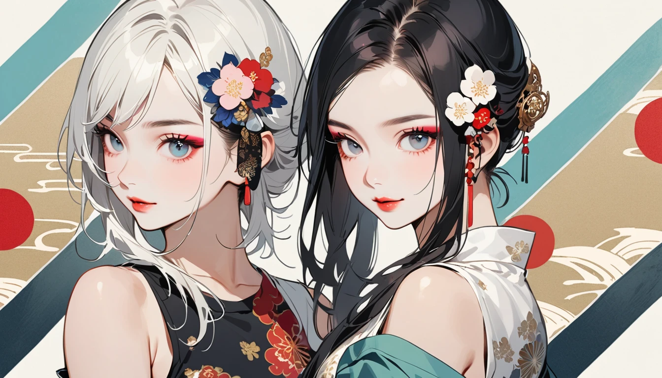 (((Ink Painting))), Fashion portrait color photos, (((twins))), (((Japanese pattern tank top))), (((Very flashy hair accessories))), (((Very flashy makeup))), Japanese style headphones, smile, front view, Japan人の美少女, Black Hair, Delicate and precise, Modern ukiyo-e style,Japan, Japanese flag