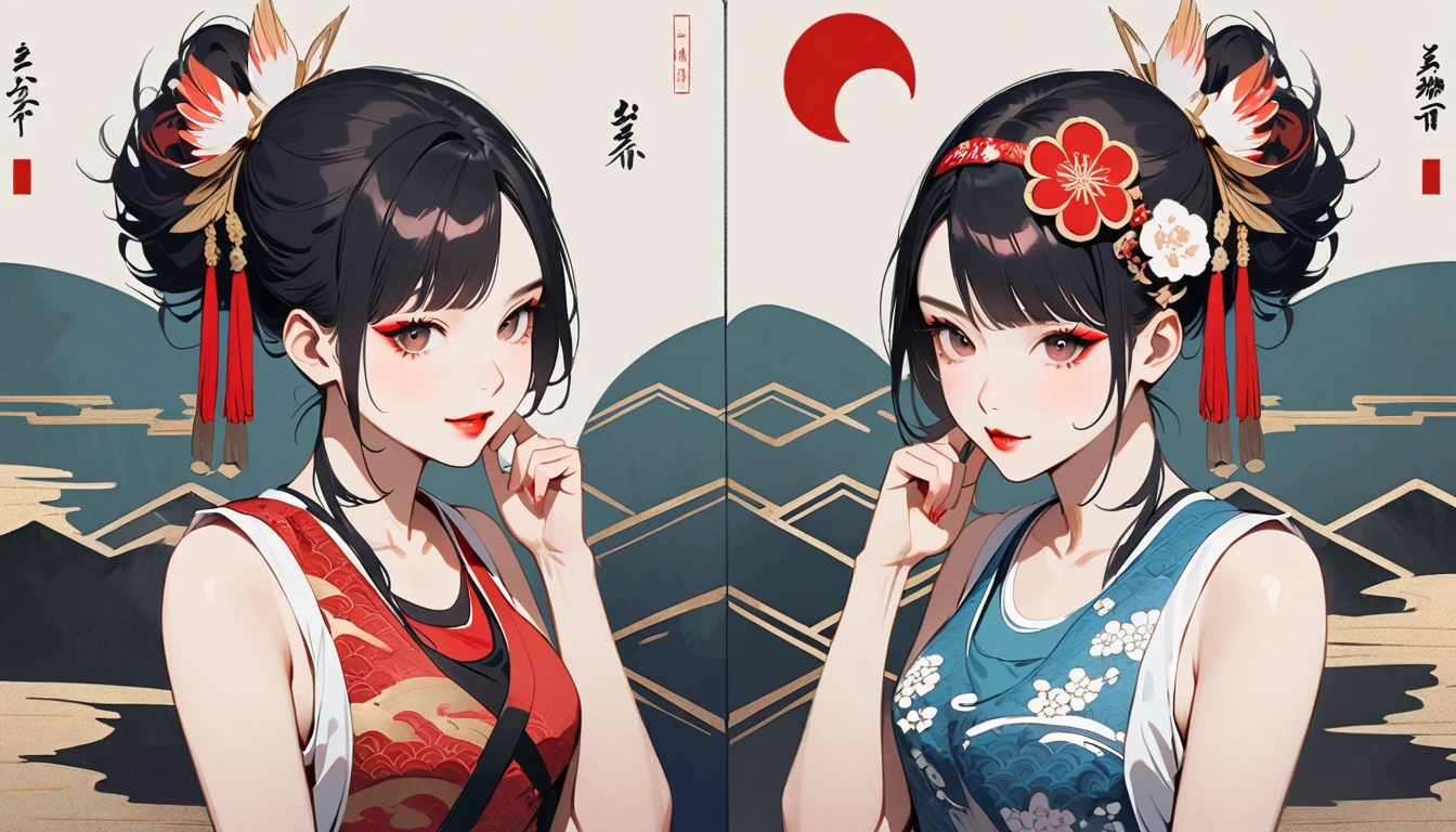 (((Ink Painting))), Fashion portrait color photos, (((twins))), (((Japanese pattern tank top))), (((Very flashy hair accessories))), (((Very flashy makeup))), Japanese style headphones, smile, front view, Japan人の美少女, Black Hair, Delicate and precise, Modern ukiyo-e style,Japan, Japanese flag