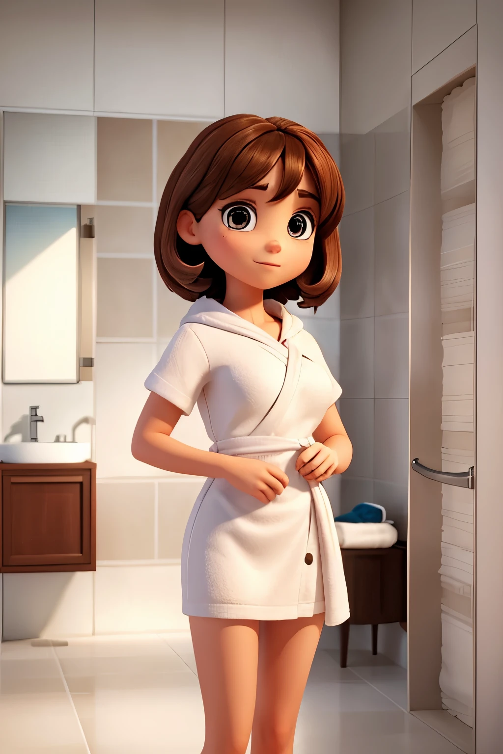 there is a woman wearing a white towel, standing in front of a shower, she has brown hair with bangs, olhos grandes, cor dos olhos avela