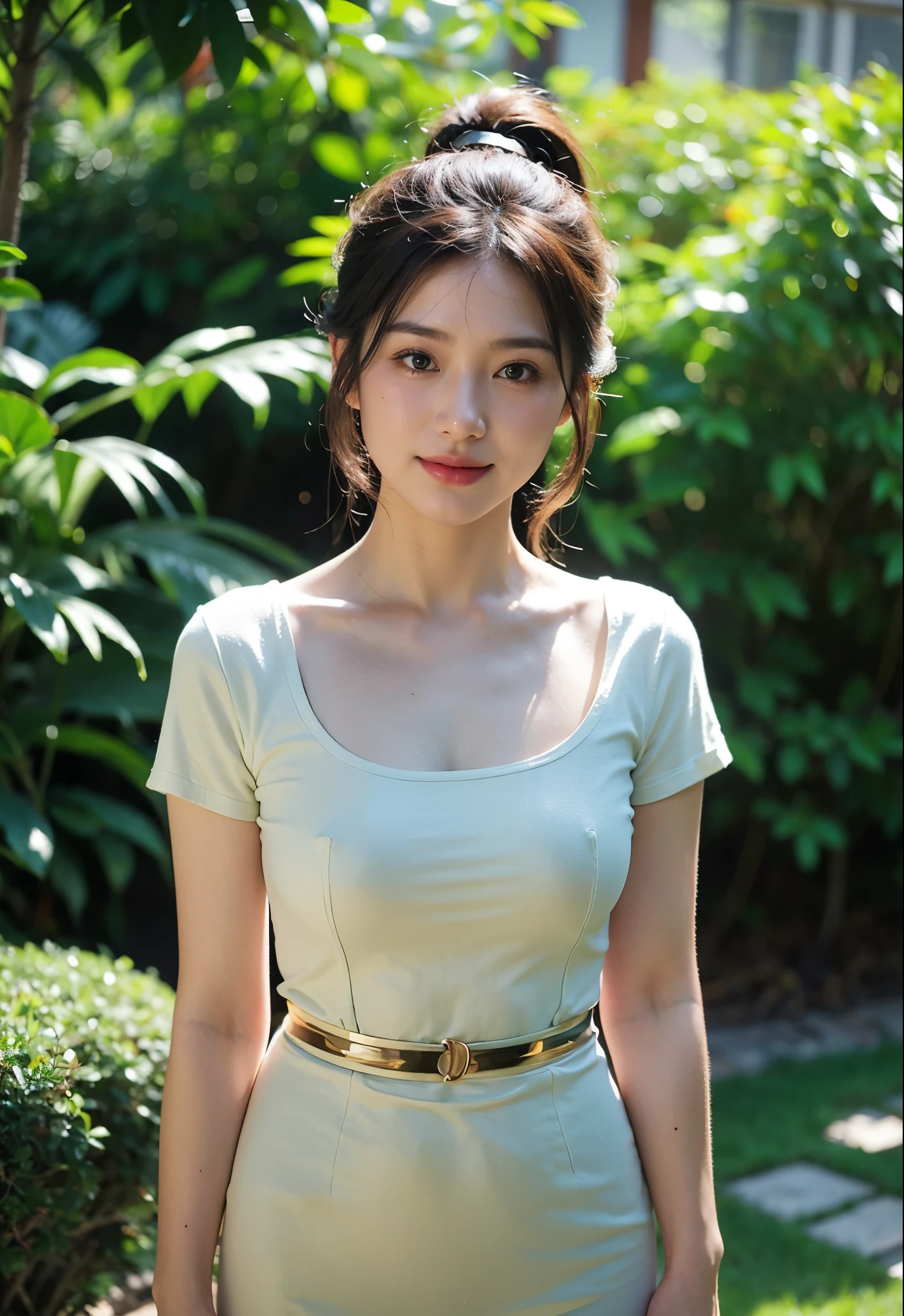 Draw lips correctly., lipstick, From the chest up, Best Quality, Super detailed, realist, Ultrafine fur, perfect anatomy, (1 Japanese mature woman), (Only)，Wear a high-end floral green round neck dress.，short sleeves，long wavy hair，27 year old woman，charming smile，garden background，meet，round face， hair tied in ponytail，The body is a little big.，medium bust，full body shot