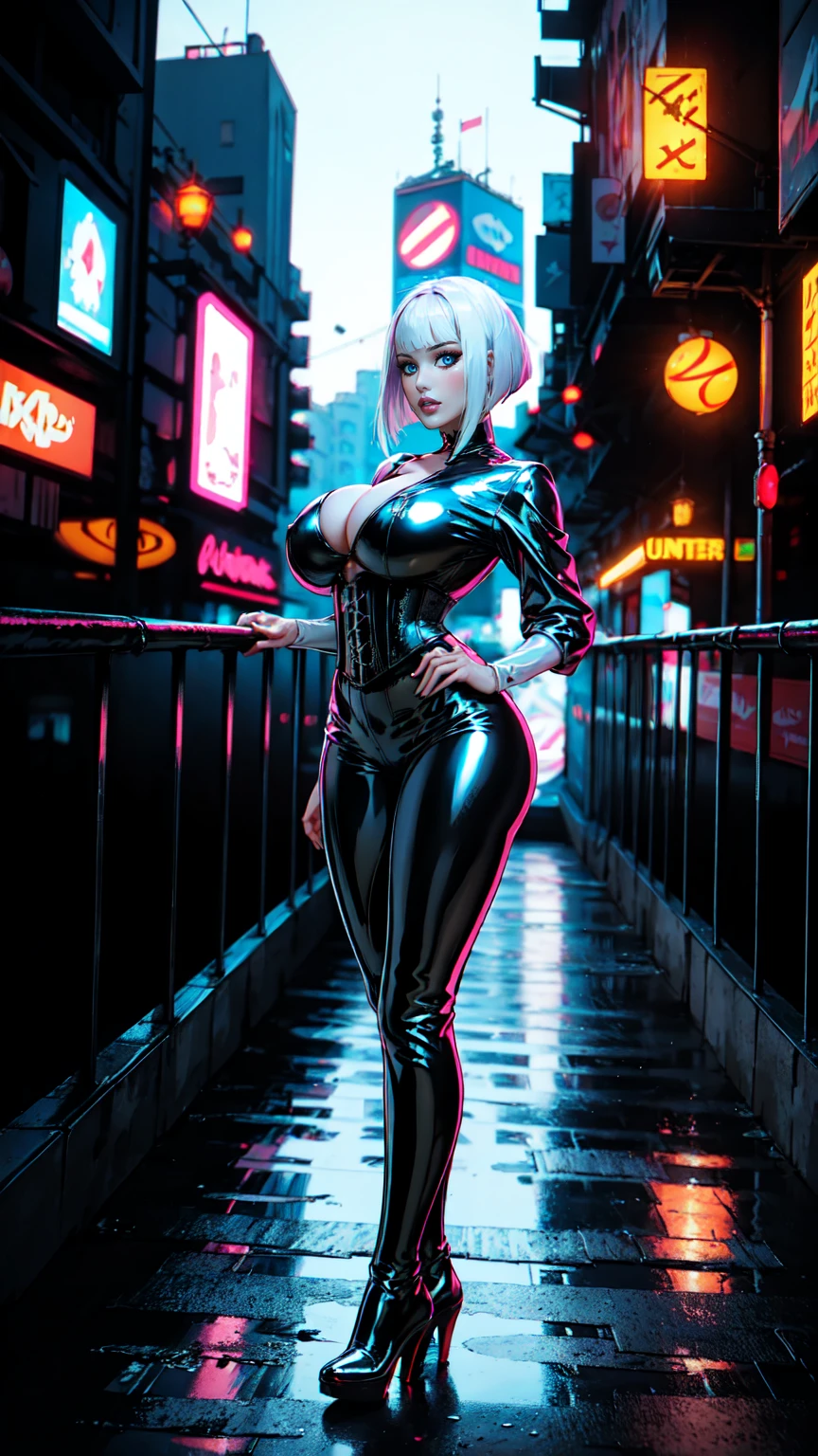 (best quality, 8k, highres, photorealistic:2.0), (solo, one girl:2.0),(lighting: front),(lighting: strong),(Russian Beauty:2.0),(very muscular girl:2.0),(bodybuilder girl:1.5),(shiny skin:1.5),(oily skin:1.5),(platinum blonde hair:1.5),(Squat down with both knees up and spread your legs apart:1.5),(raise both arms behind your head:1.5),(high heels:1.5),(lewd girl),(cyberpunk location:1.9),(((Wearing a pearl white latex long sleeve tight dress))),