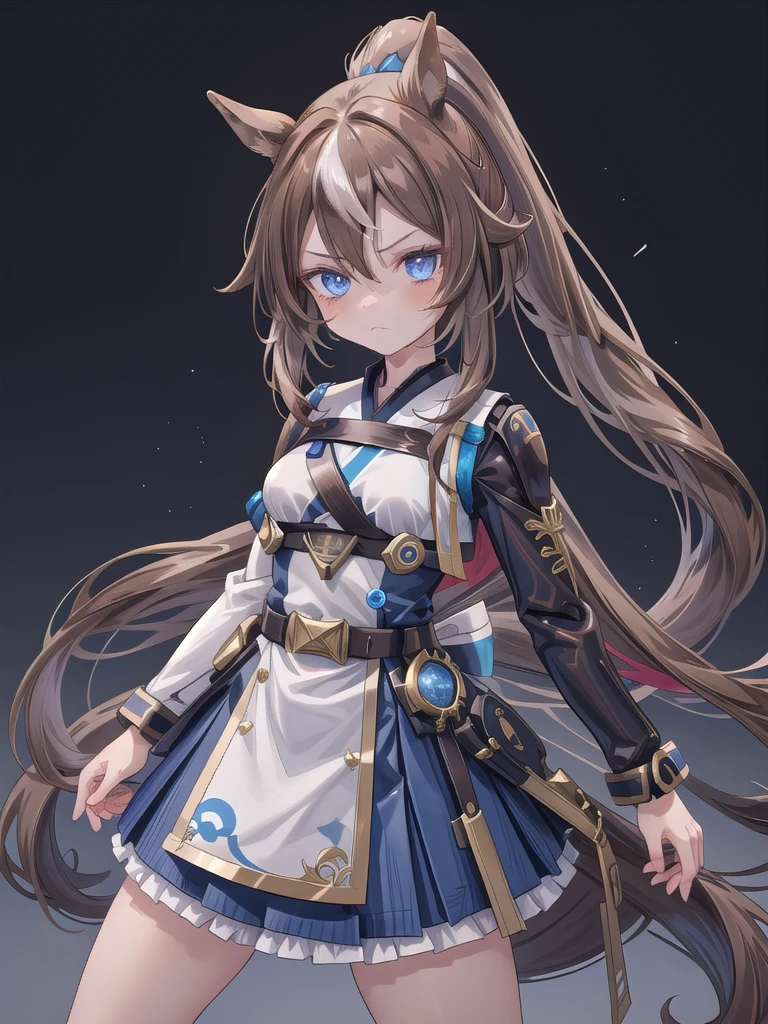 1girl,Tokai Teio, horse ears, horse girl, brown hair, long hair, high ponytail, streaked hair, multicolored hair, blue eyes, serious face, battle pose, mecha musume
