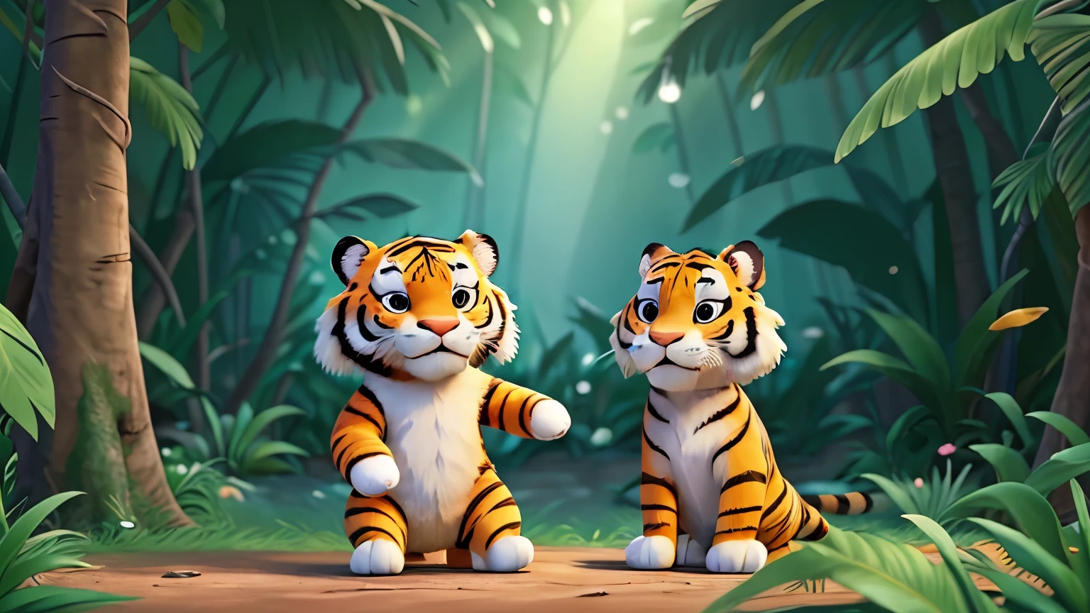 2 Characters. 1 tiger looking at 1 happy all-white rabbit, in the jungle, furry, beautiful digital art detallado, Beautiful work of art detallada, visual disney, of a cute tiger and white rabbit, in the jungle, animated tiger, animated rabbit, beautiful digital art, Beautiful work of art, Beautiful art style