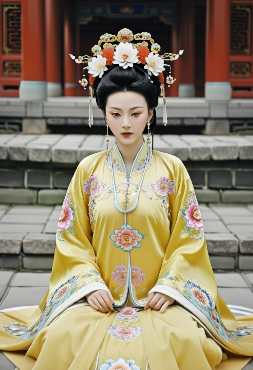 A Qing Dynasty empress is naked and playing with her pubic hair in the Chinese imperial court. A Qing Dynasty empress is wearing a large crown for a Chinese empress. Her hair is decorated with a large flower and a large crown.　 Her hair is tied up and pulled up. The background is the stone paving outside the Qing Dynasty.