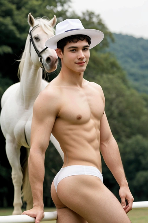 Young cute handsome face beautiful white skinny soft skin shirtless naked big penis winged a cute white horse hat nice butt