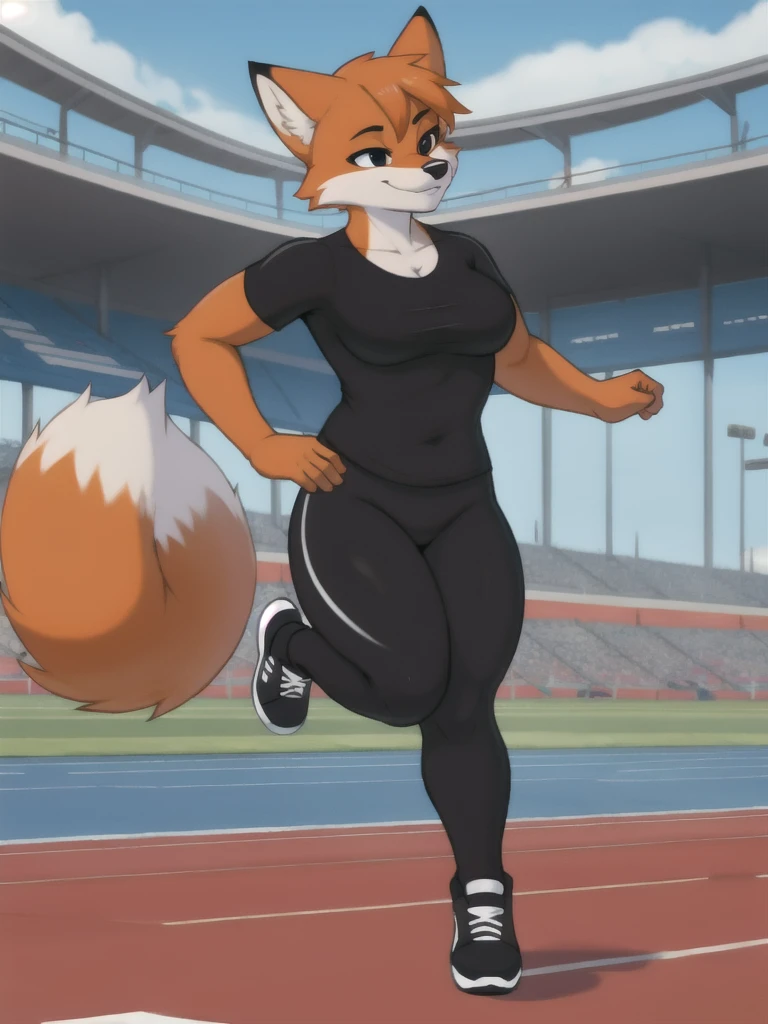 Furry, fox, female, black shirt, black leggings, shoes, running track, solo, full body