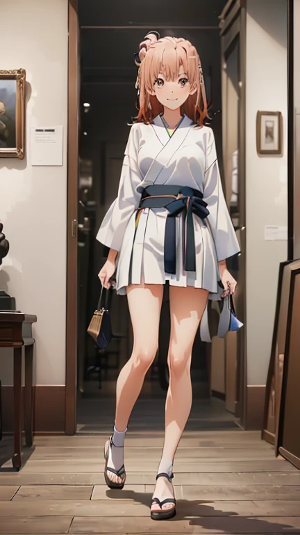 ((software: 1.4)), (girl)), Ultra-high resolution, (Realistic: 1.4), RAW Photos, Highest quality, (PhotoRealistic Stick), concentrate, Soft Light, ((15 years old)), ((Japanese)), (( (Young Face))), (surface), (Written boundary depth), masterpiece, (Realistic), woman, bangs, ((1 girl))、(((Model-like style、Thighs、Shin、Full body portrait)))、Handbags.々fashion、Summer clothes.々Pause))))、(((Find someone you love and smile)))、(((The background is a museum)))