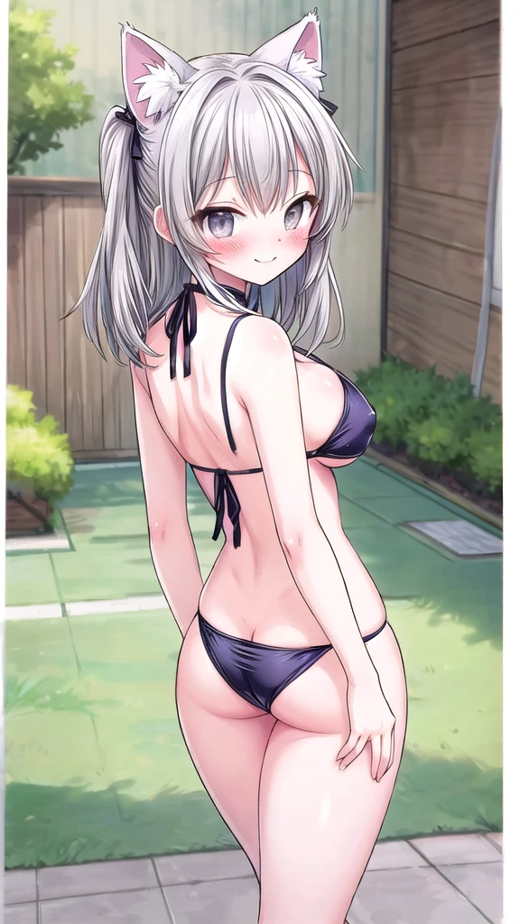 Large Breasts, Cat ear, Gray Hair, Micro Bikini,back,High resolution,Anime Style, smile,Blushing,slouch,