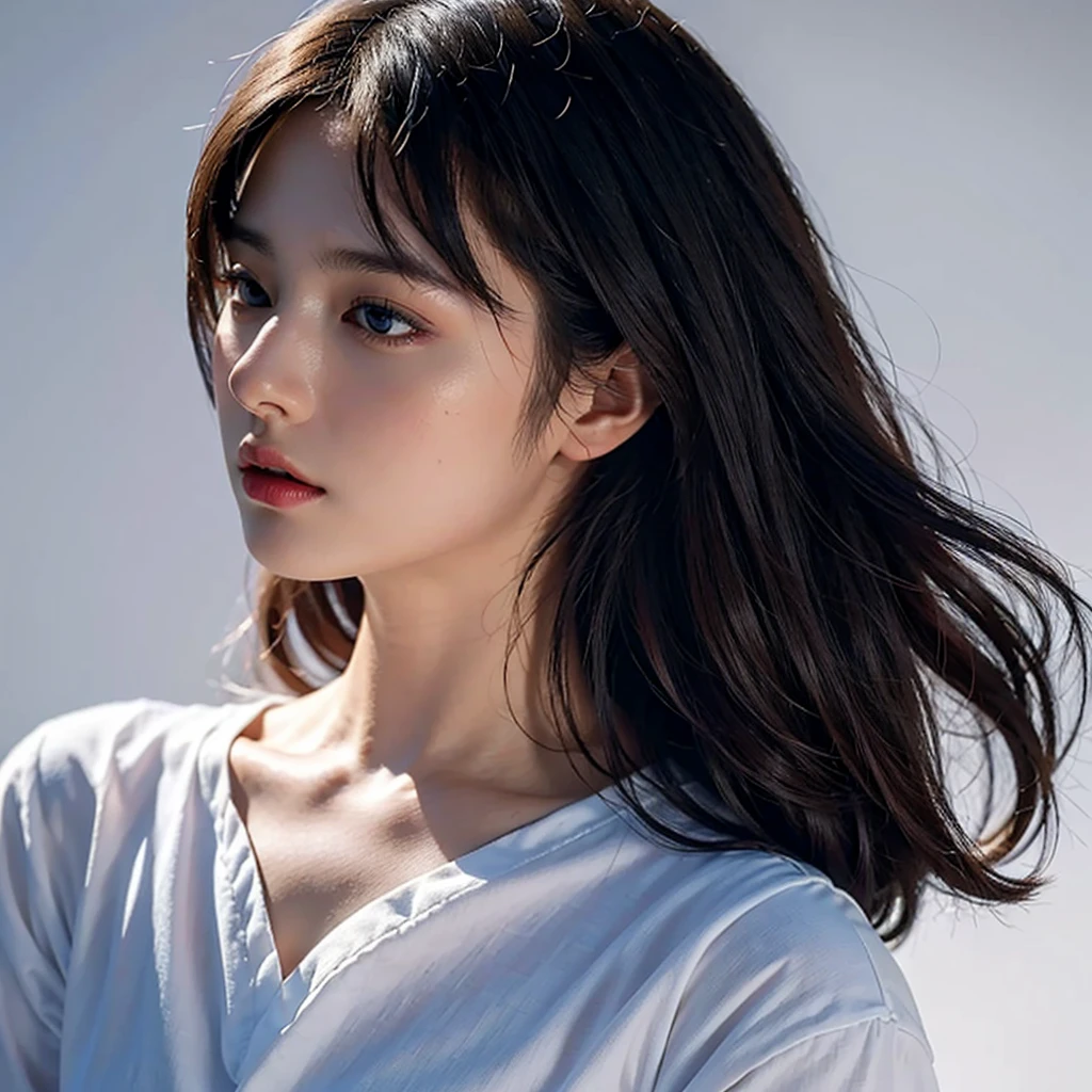 Highest quality、masterpiece、Ultra-high resolution、(Realism:1.4)、1 girl、PlainＴshirt、On a white background、Deep Shadow、Low Key、Shortcuts、Upper Body、sex appeal