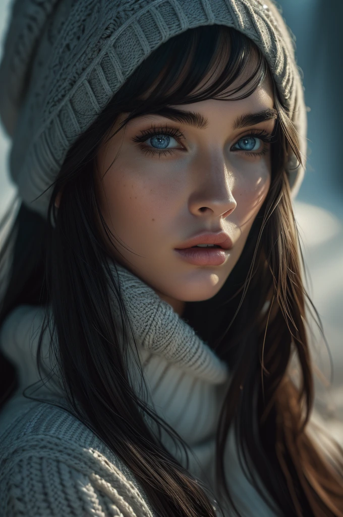 Megan Fox, portrait, ultra detailed Nordic eyes, bangs, knit sweater, winter, (((masterpiece, ultra detailed face))).