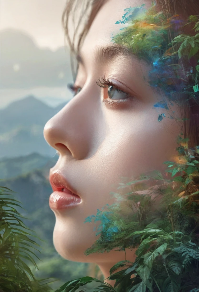 Dubrec style, Girl transparent Side View face close-up Beautiful Teen, close-up of face Jungle Mountains image foreground (multiple exposure:1.8),Complex illustrations in surrealist art style Surreal dreams, a closeup detailed side view transparent portrait of a woman with beautiful eyes, should be side view, detailed lips, and long eyelashes, surrounded by lush jungle mountains in the foreground, multiple exposure effect, complex surrealist style illustration, surreal dreamlike atmosphere, cinematic lighting, highly detailed, hyper realistic, 8k, masterpiece, Dubrec style,Girl transparent face close-up,Beautiful close-up of face,Jungle Mountains image foreground (multiple exposure:1.8),Complex illustrations in surrealist art style,Surreal dreams
