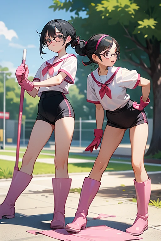 Two elementary school girls with glasses and black hair tied up, wearing short-sleeved gym clothes and shorts, wearing long pink rubber gloves and white rubber boots, are cleaning up a schoolyard in midsummer