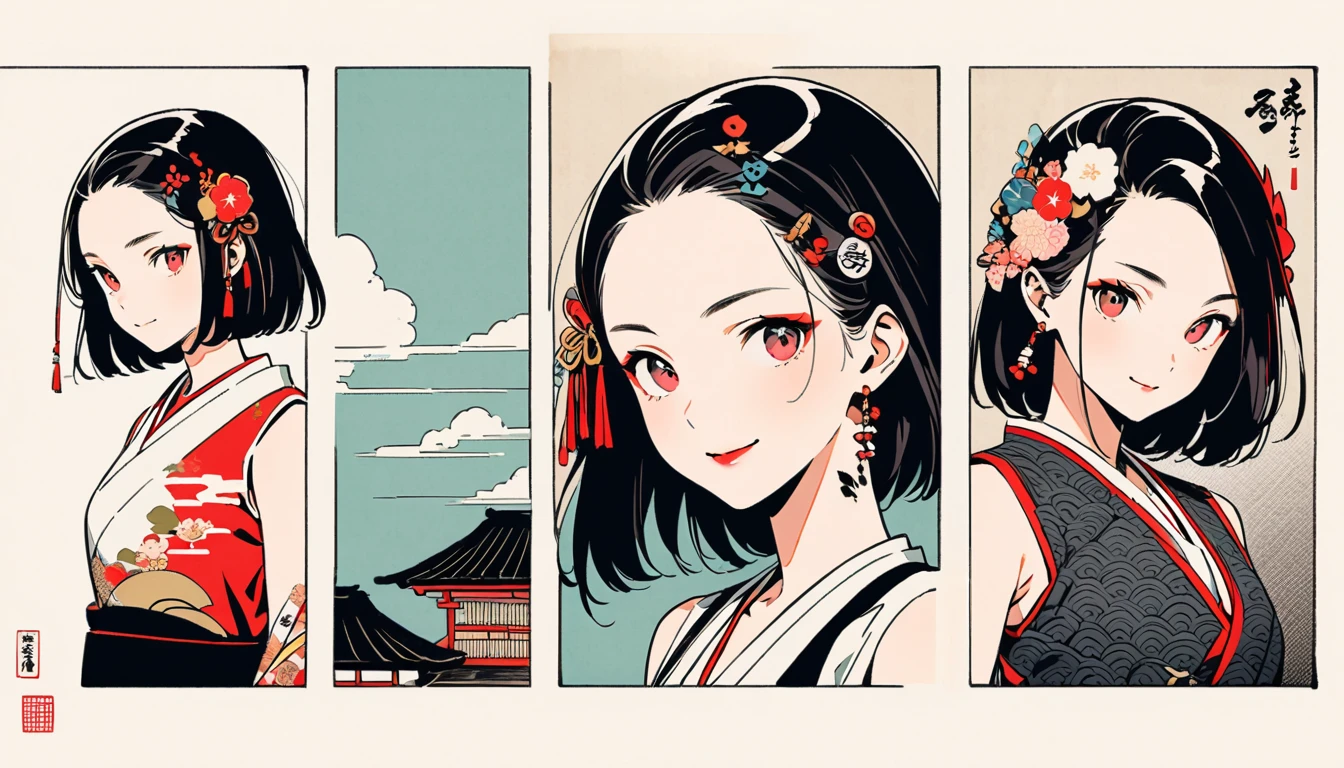(((Ink Painting))), Fashion portrait color photos, (((twins))), (((Japanese pattern tank top))), (((Very flashy hair accessories))), (((Very flashy makeup))), Japanese style headphones, smile, front view, Japan人の美少女, Black Hair, Delicate and precise, Modern ukiyo-e style,Japan, Japanese flag