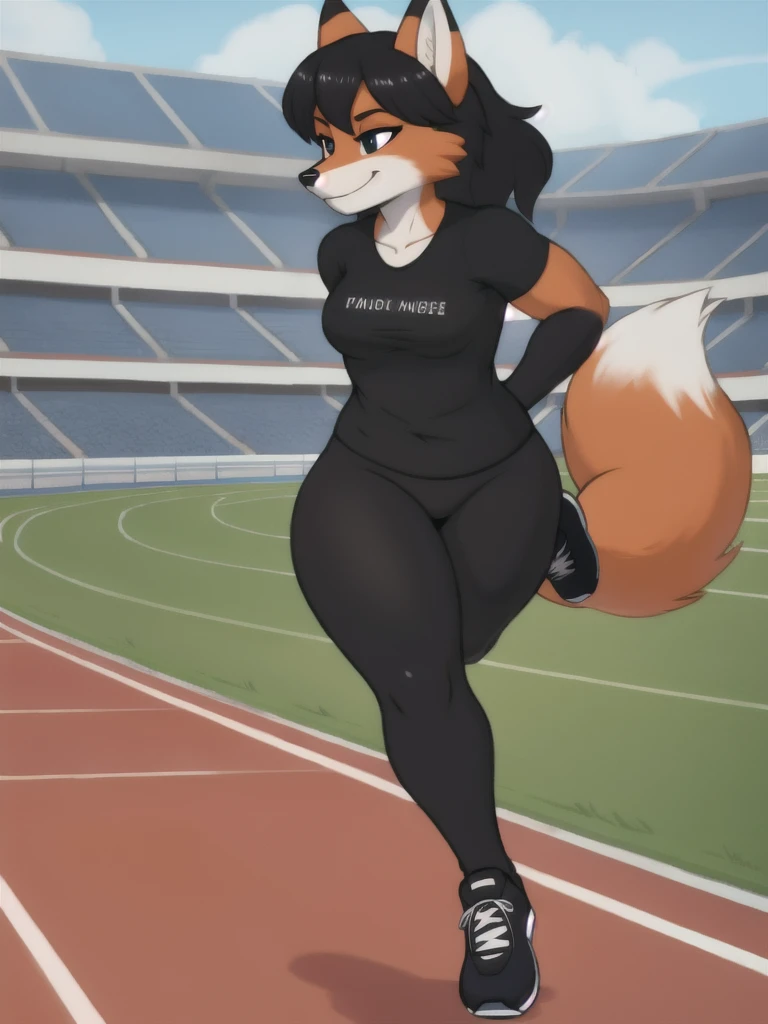 Furry, fox, female, black shirt, black leggings, shoes, running track, solo, full body