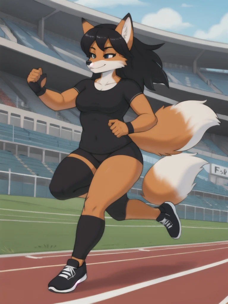 Furry, fox, female, black shirt, black leggings, shoes, running track, solo, full body