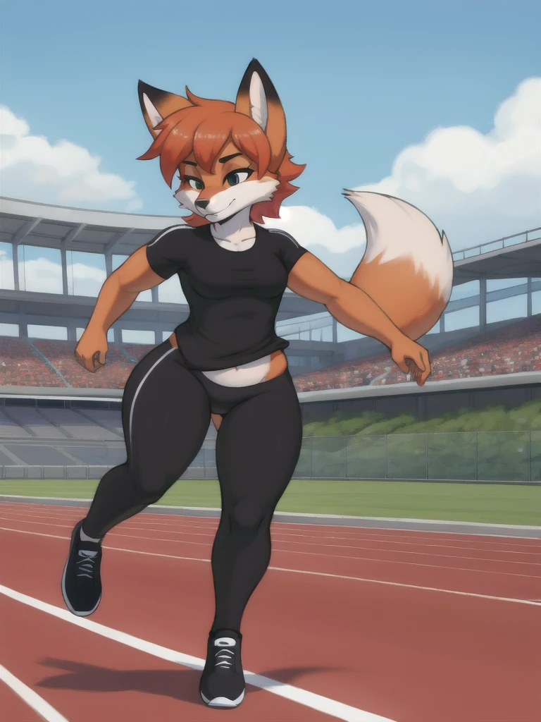 Furry, fox, female, black shirt, black leggings, shoes, running track, solo, full body