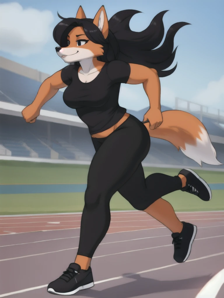 Furry, fox, female, black shirt, black leggings, shoes, running track, solo, full body
