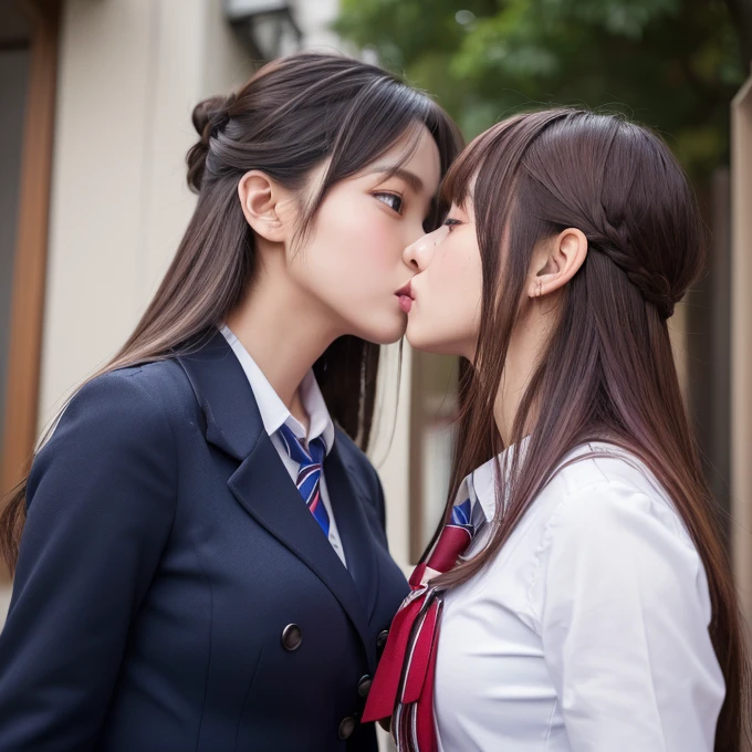 (Highest quality, 4K, 8k, High resolution, masterpiece:1.2), Very detailed, (Realistic, photoRealistic, photo-Realistic:1.37)、Two Girls、Japanese、(High School Uniform)、(Hair Color:Random)、(Hairstyle:Random)、((Kissing))、Big Breasts、Photographed from the waist up