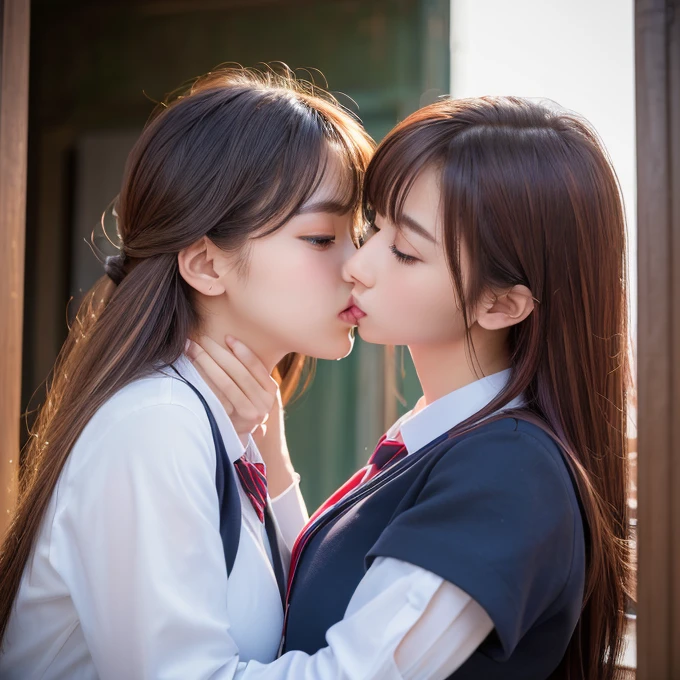 (Highest quality, 4K, 8k, High resolution, masterpiece:1.2), Very detailed, (Realistic, photoRealistic, photo-Realistic:1.37)、Two Girls、Japanese、(High School Uniform)、(Hair Color:Random)、(Hairstyle:Random)、((Kissing))、Big Breasts、Photographed from the waist up