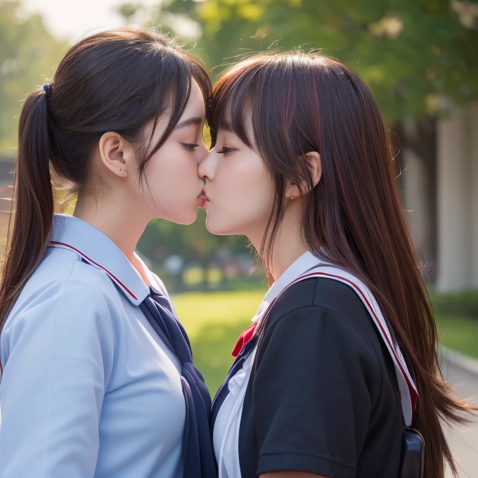 (Highest quality, 4K, 8k, High resolution, masterpiece:1.2), Very detailed, (Realistic, photoRealistic, photo-Realistic:1.37)、Two Girls、Japanese、(High School Uniform)、(Hair Color:Random)、(Hairstyle:Random)、((Kissing))、Big Breasts、Photographed from the waist up