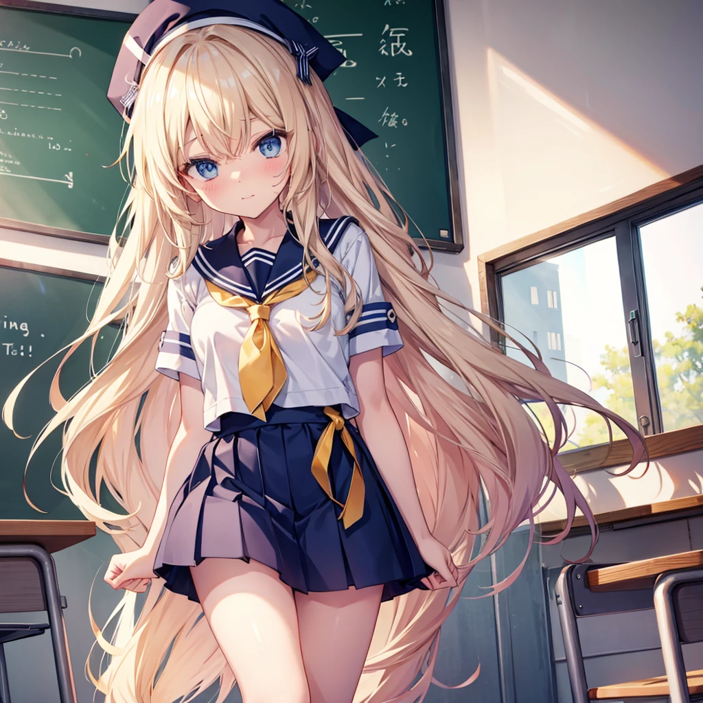 One woman((student,Embarrassed)) background,(classroom,Light shines in) Sailor suit, hold with both hands,Letter woman,(Beige Hair,Long hair Blue eyes,avert your eyes) Anime Style,The whole person