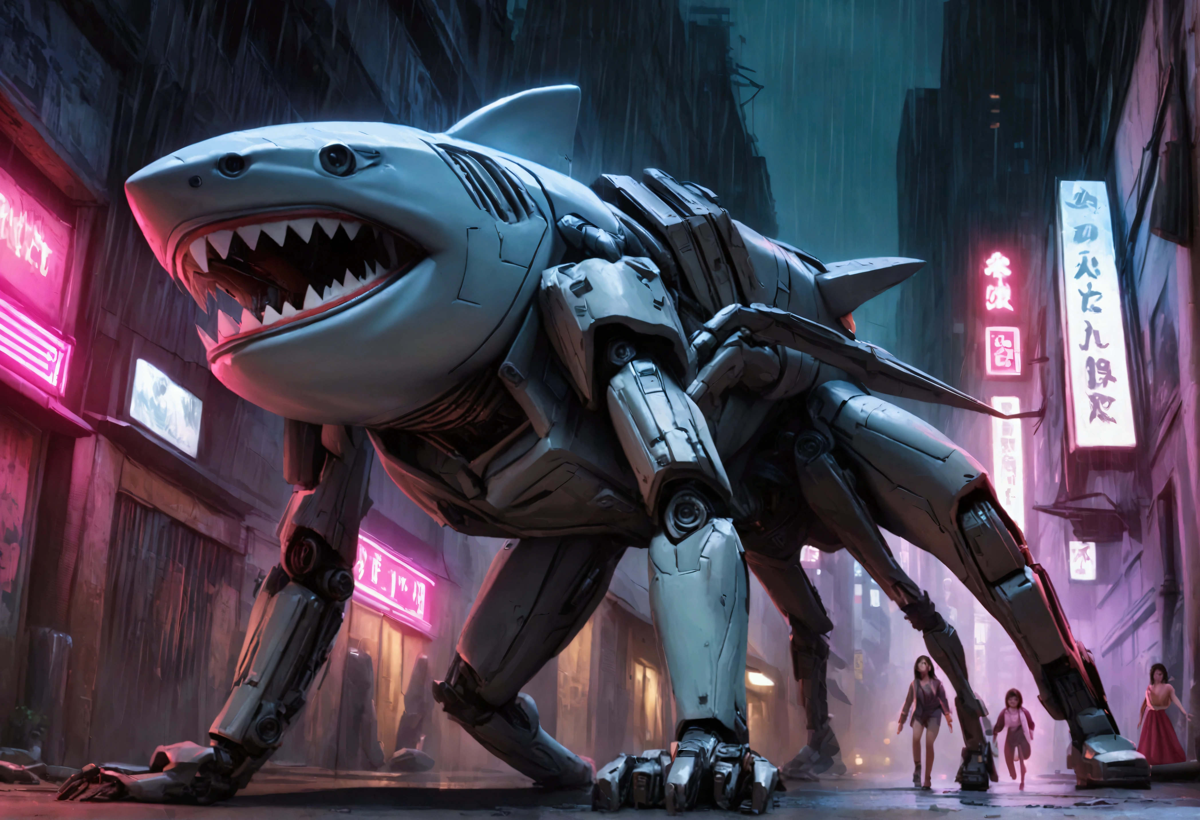 cyberpunk cyborg shark, multiple mechanical insect legs, terrorizing women on the streets of Bangkok, damsel in distress, women being eaten, highly detailed, 4k, photorealistic, cinematic lighting, gritty urban environment, neon lights, rain effects, dramatic poses, extreme tension and fear on faces, dark and moody color palette, sinister and ominous atmosphere