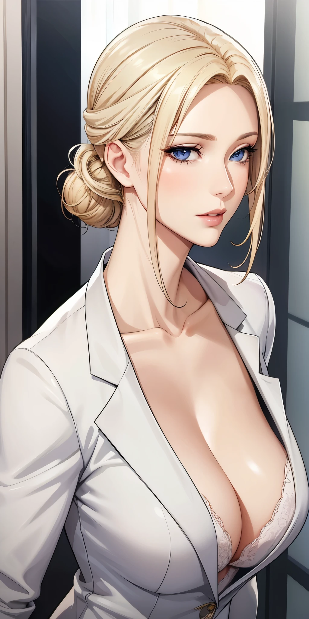 Seductive mature woman, milf, blue eyes, blonde hair, soft light, 4k resolution, high quality, beautiful cg
