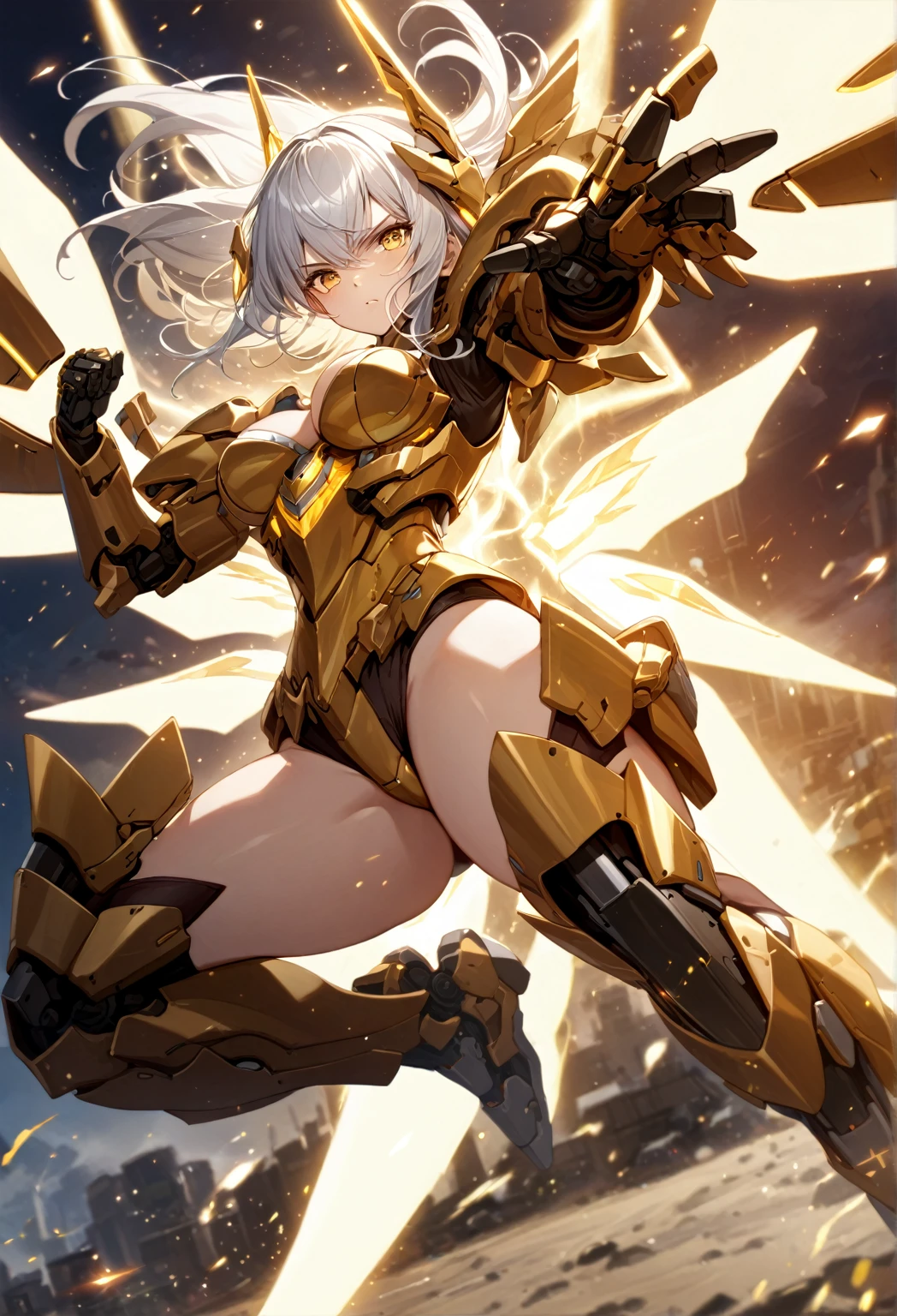 score_9_up, score_8_up, score_7_up, source_anime,masterpiece, best quality, high resolution, extremely detailed CG, absurdres, highres, 1girl, solo, a mecha girl in golden armor with glowing mecha_wings fights at battlefield, ((body surrounded by yellow Battle Aura and lighting)), wings of light, long hair, white_hair, glaring, cleavage, thighs, off-shoulder, (((Shining Armor, glittering Armor))),((mecha wings)), headgear, flying, blue sky, full body, from below, Futuristic, ((aura,Battle Aura, lighting),good_hands