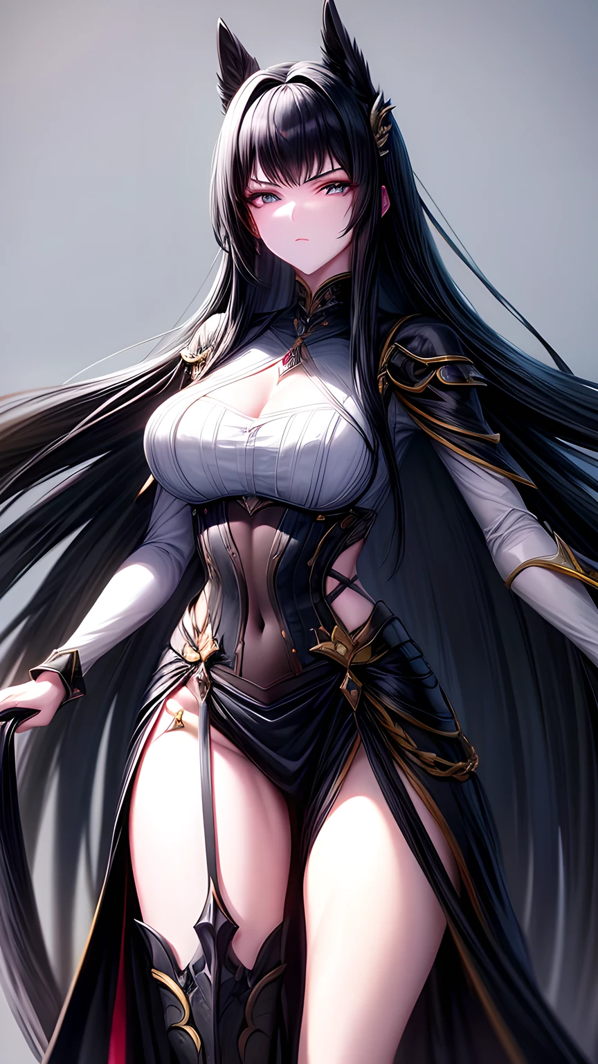 A long black-haired lady riding a sleek black horse，Long hair，Beautiful hair，Crystal clear，Highest quality，noble，Gallant。