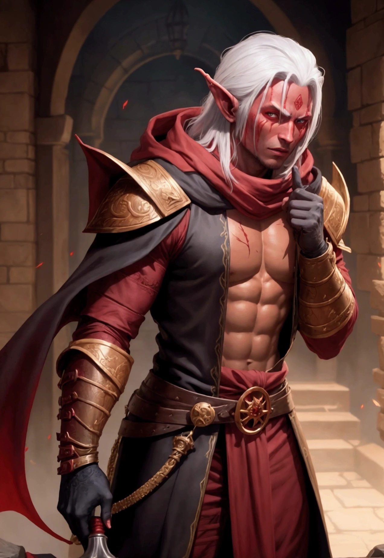 Tiefling with red skin color, masculine, wizard outfit, medium horns, kinda thin