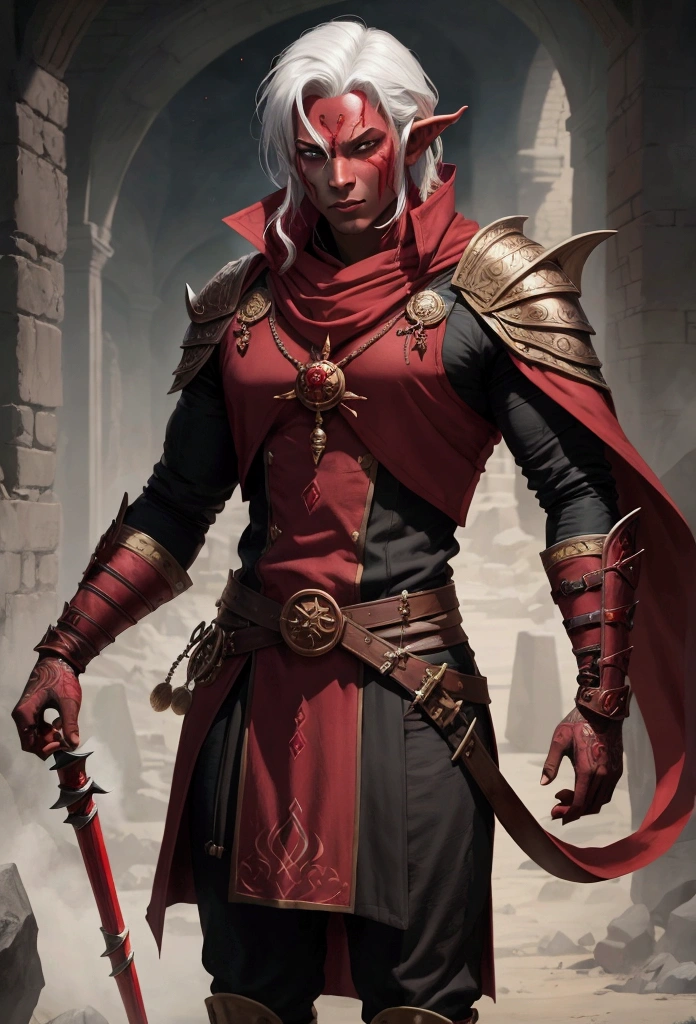 Tiefling with red skin color, masculine, wizard outfit