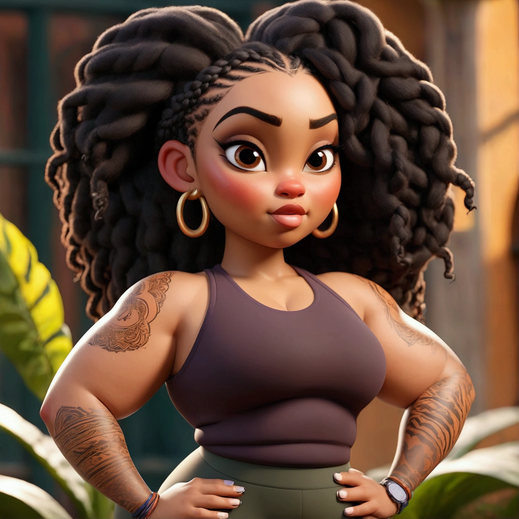 Plus size Light skin women with braids, wear yoga pants and tank top