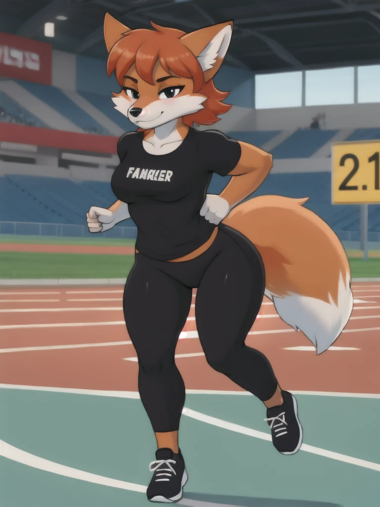 Furry, fox, female, black shirt, black leggings, shoes, running track, solo, full body