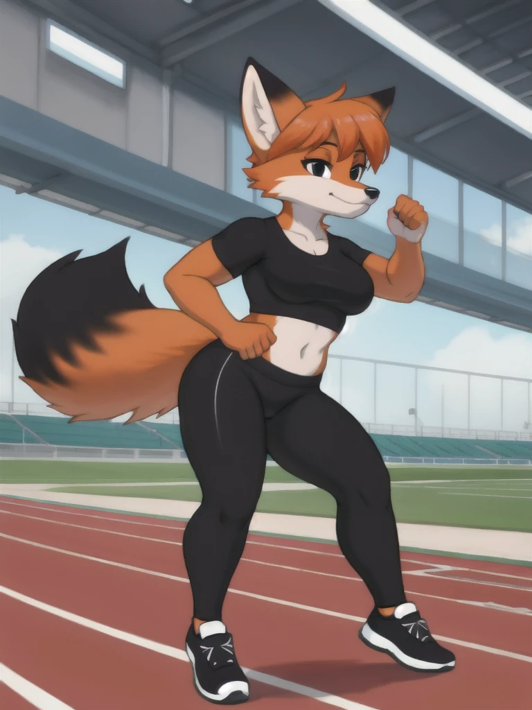 Furry, fox, female, black shirt, black leggings, shoes, running track, solo, full body