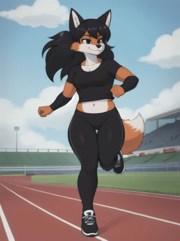 Furry, fox, female, black shirt, black leggings, shoes, running track, solo, full body