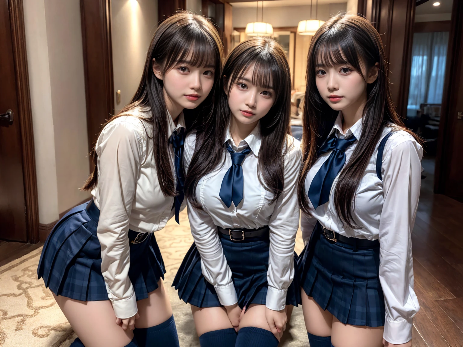 (8K, Raw photography, top-quality, ​masterpiece:1.2), master piece, best quality, illustration, Super detailed, fine details, High resolution, 8K,wall paper, perfect dynamic composition,(Details High quality, realistic depiction of eyes:1.3), ((2 girls, 2 schoolgirls)), The background is a luxury hotel room、High school girl uniform、blazer 、Super Short Check Uniform Skirt、Navy blue high socks、garterbelts、Colossal tits、Disturbed uniform, Play with each other,Touching each other's bodies,Touching the body of the girl next door, short bob hair, black hair color, huge breasts, Big Natural Color Lip, bold sexy pose, (perfect body shape), crying a little、cold gaze,  Beautiful makeup,glitter makeup,Cutest 18 years old, beautiful legs, hposing Gravure Idol, Voluptuous thighs