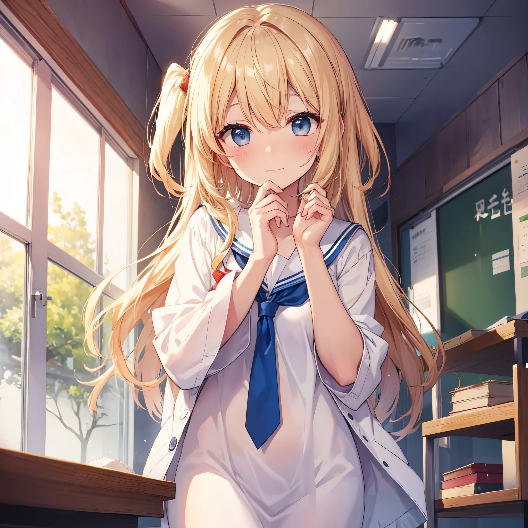 One woman((student,Embarrassed)) background,(classroom,Light shines in) Sailor suit woman handing a letter with both hands,(Beige Hair,Long hair Blue eyes,avert your eyes) Anime Style,The whole person