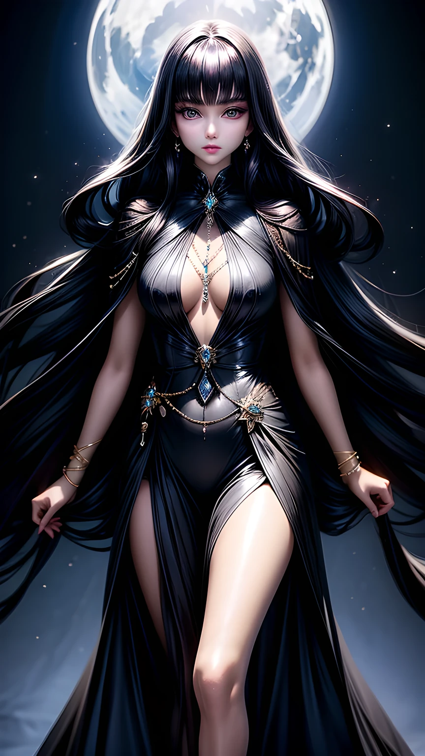A long black-haired lady riding a sleek black horse,Long hair,Beautiful hair,Crystal clear,Highest quality,noble,Gallant。