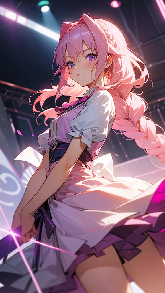anime character. An 18-year-old female with long braided light pink hair. and light purple eyes. wearing a dress like an idol. is on stage. ufotable studio