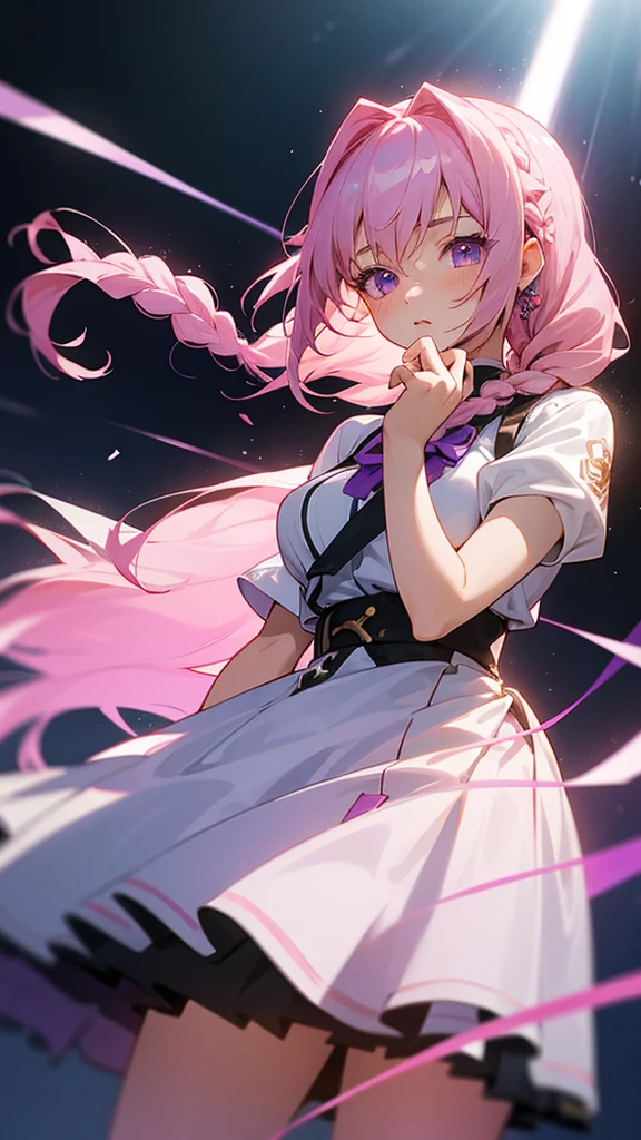 anime character. An 18-year-old female with long braided light pink hair. and light purple eyes. wearing a dress like an idol. is on stage. ufotable studio