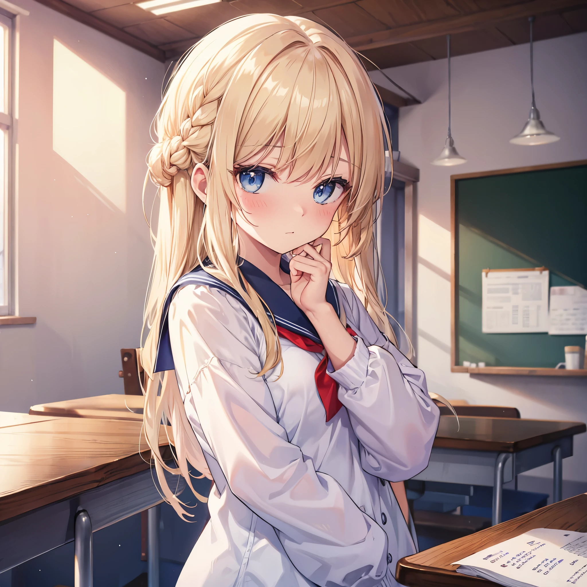 One woman((student,Embarrassed)) background,(classroom,Light shines in) Sailor suit woman holding letter with both hands,(Beige Hair,Long hair Blue eyes,avert your eyes) Anime Style,The whole person
