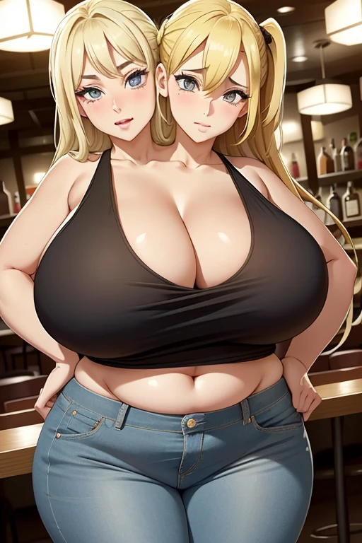 2heads, an overweight woman with 2 heads. She is in a dimly lit bar. She is wearing a floral bikini top, wearing jeans. She has blonde hair in a ponytail. Deep cleavage. She looks young. She is blushing. Big eyes. Baggy eyes, tired eyes, bags under eyes. She looks seductive and lustful. She is extremely fat. She has gigantic breasts. She is winking. She is tall. Young, gorgeous face. Hard nipples.