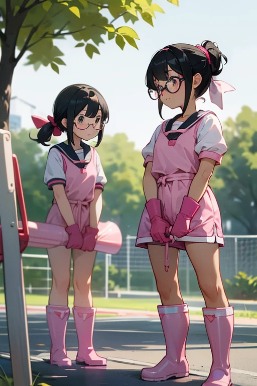 A pair of elementary school girls with glasses and black hair tied up, wearing short-sleeved gym clothes and shorts, wearing pink rubber gloves and white rubber boots, cleaning up a schoolyard in midsummer