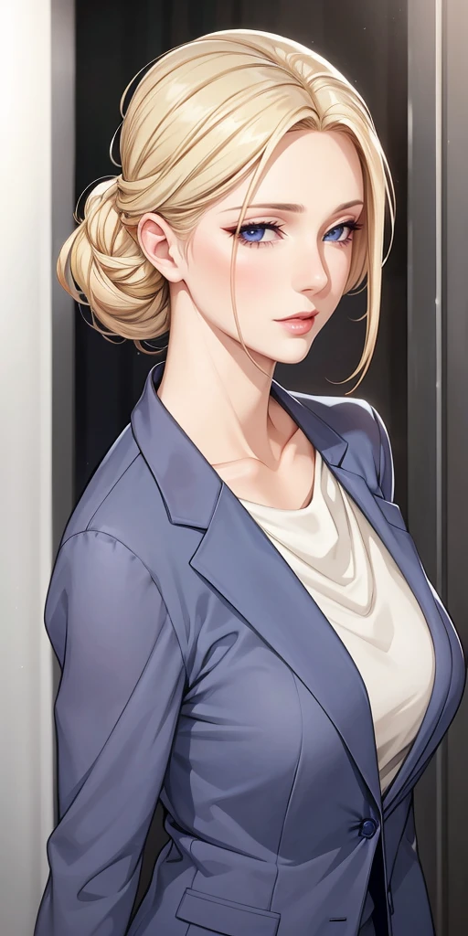 Seductive mature woman, milf, blue eyes, blonde hair, soft light, 4k resolution, high quality, beautiful cg