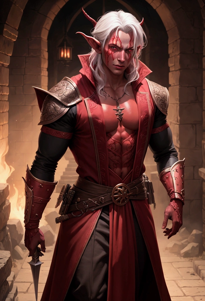 Tiefling with red skin color, masculine, wizard outfit
