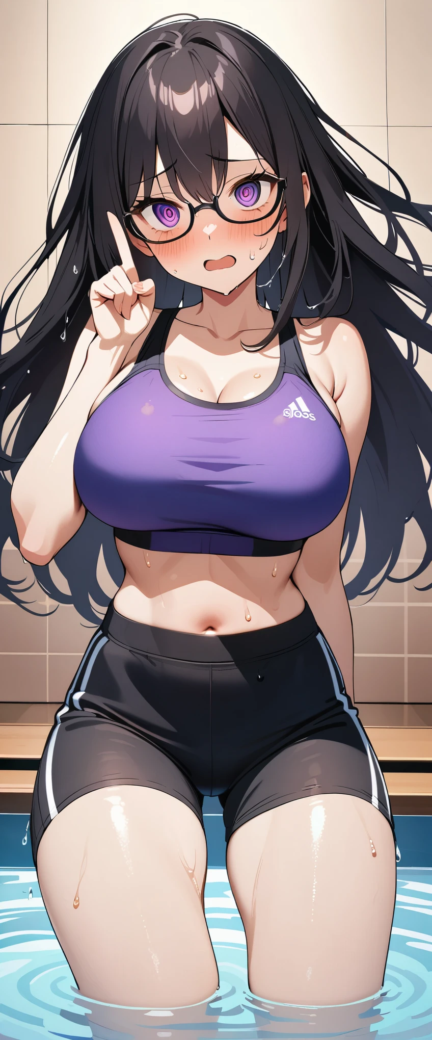 (Highest quality),(masterpiece), 8k,Very detailed, Detailed light, Best Shadow,Detailed reflective eyes, Very detailedな顔,Shiny Hair,Big Breasts,(1 girl:1.2),woman,Gloss,Black Hair,Embarrassed,blush,(Hollow Eyes:1.2),(Condescending:1.2),Crazy Eyes,4fingers and 1thumbs,Beautiful fingers,Beautiful Hands,whole body,Black-rimmed glasses,Purple eyes,Cool,Glossの無い目,(Eye power:1.2),(脇Sweat:1.2),(Sweat:1.4),(Sports Bra:1.2),(Shorts:1.2),(Soaking wet:1.2),