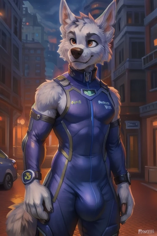 detailed fluffy fur texture, impasto impressionism, (by foxovh, ross tran, michael garmash, pino daeni, iskra), detailed eyes, highly detailed pupils, solo, furry, anthro, rocky-pp, domestic dog, male, blue eyes, white fur, white body, fur body, fully clothed, detailed fluffy fur texture, curvy, wide hips, inner fluff ears, from front, standing, blue latexsuit, Outside background, night, 1boy, angry, Huge bulge, His 50ft tall, His Gigantic size, WereWolf