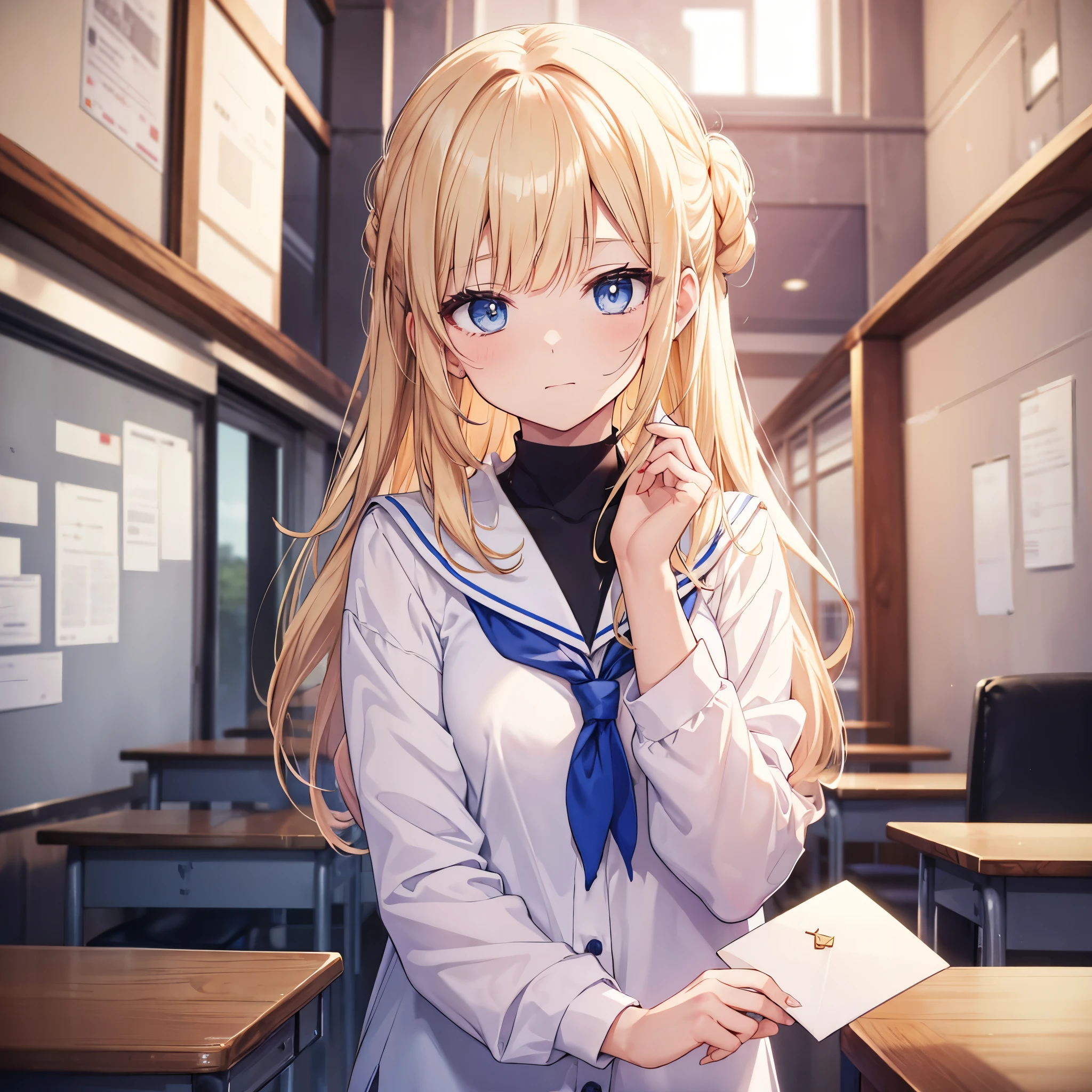 One woman((student,Embarrassing,avert your eyes)) background,(classroom,Light shines in) Sailor suit woman holding letter,(Beige Hair,Long hair Blue eyes,Super Shine),Front Anime style,The whole person