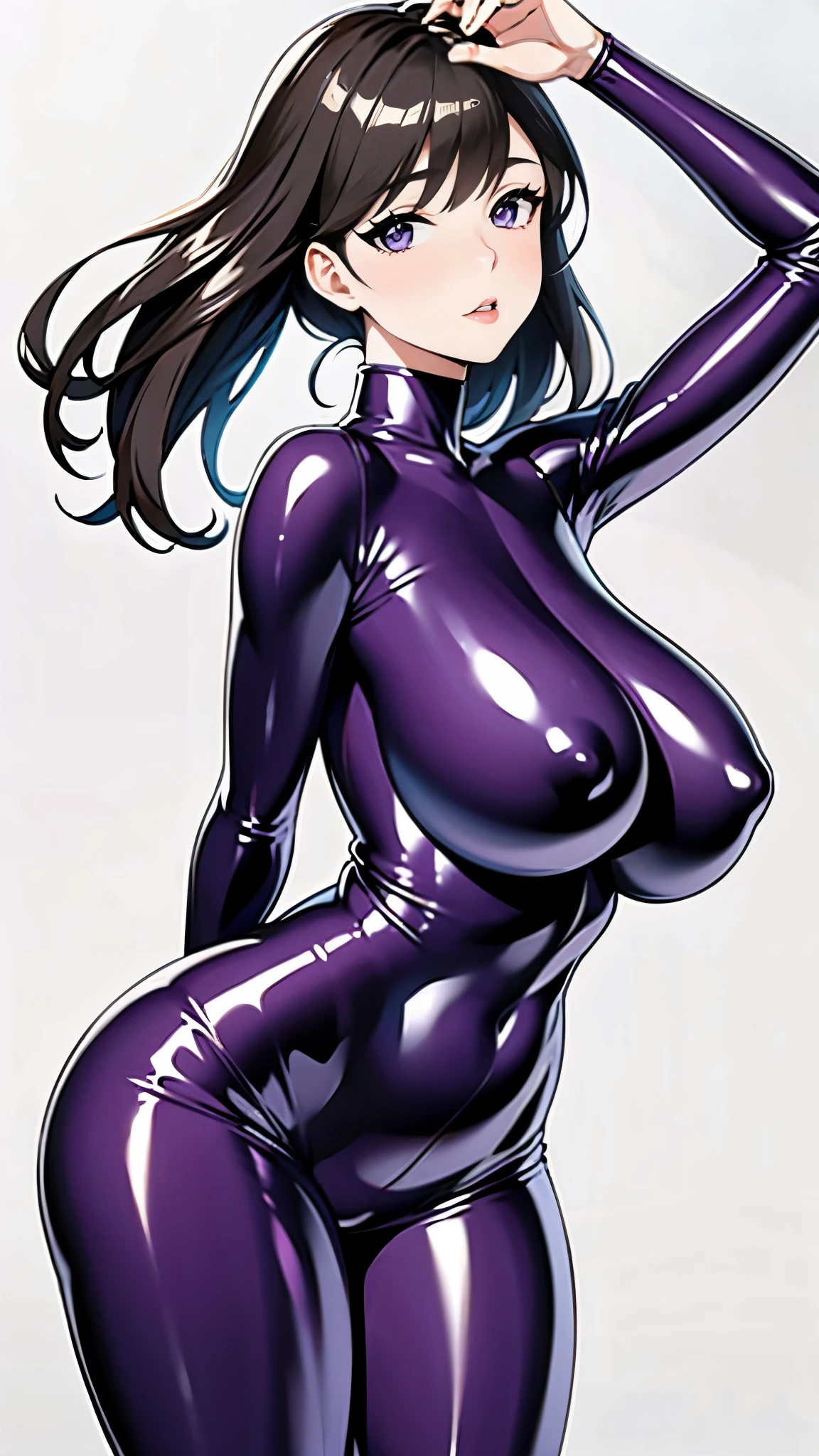 (masterpiece:1.2, Highest quality,High resolution,Very detailed),8k,wallpaper,(1 female:1.6),Mature Woman,Big Breasts,Thick thighs,Beautiful Face,Detailed face,Long eyelashes,Droopy eyes,Beautiful Eyes,(((Lewd and vulgar expression,Dreamy look))),(Very shiny purple latex bodysuit:1.6),(Detailed hands),(Hand,detailed,perfect,perfection,hands),(arched back:1.2),(front),(Cowboy Shot),(((White background:1.6)))
