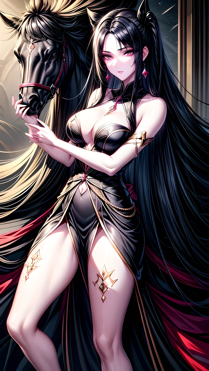 A long black-haired lady riding a sleek black horse，Long hair，Beautiful hair，Crystal clear，Highest quality，noble，Gallant。